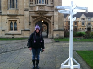 At Oxford, with my goofy hat.  (note the sign pointing to Lodge!)